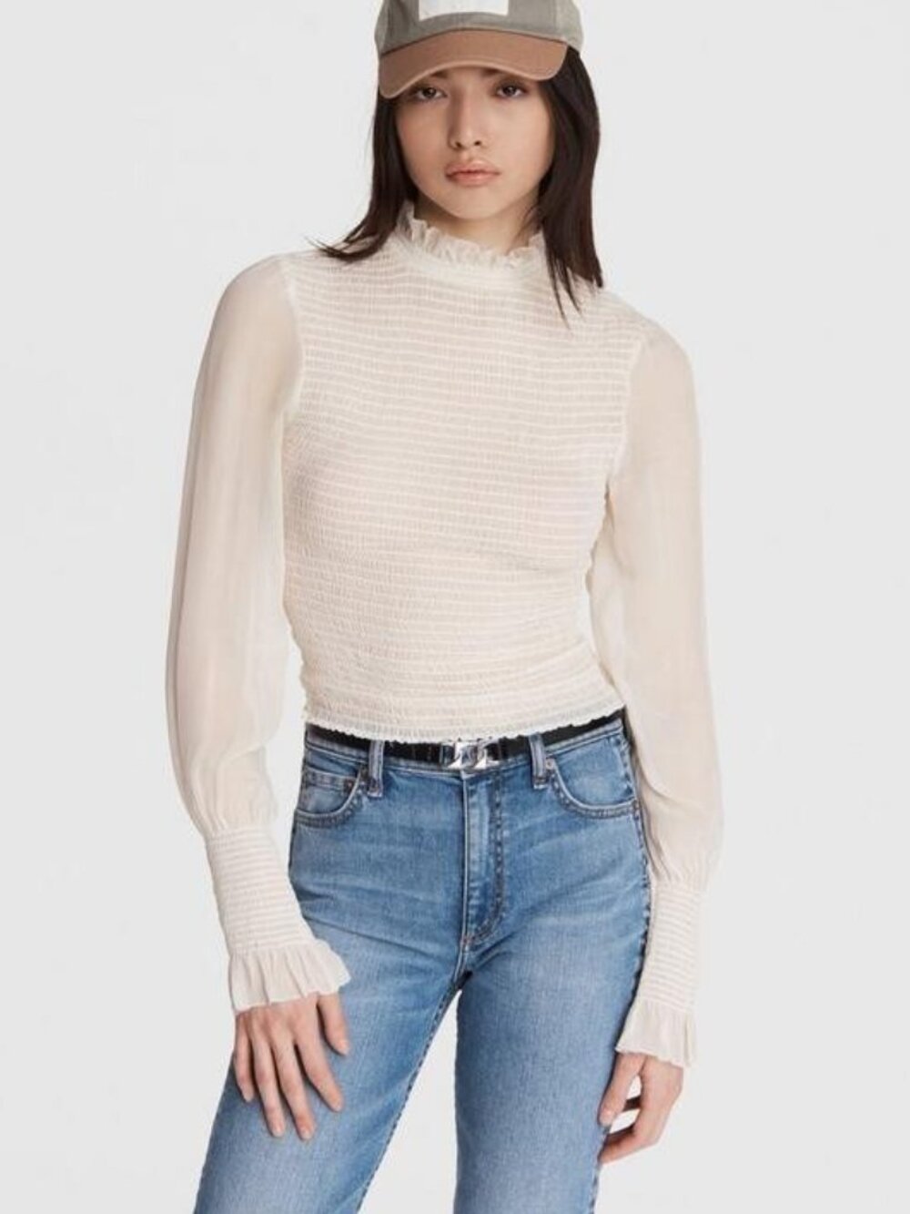 rag & bone Cream Smocked Mock Neck Long Sleeve Blouse